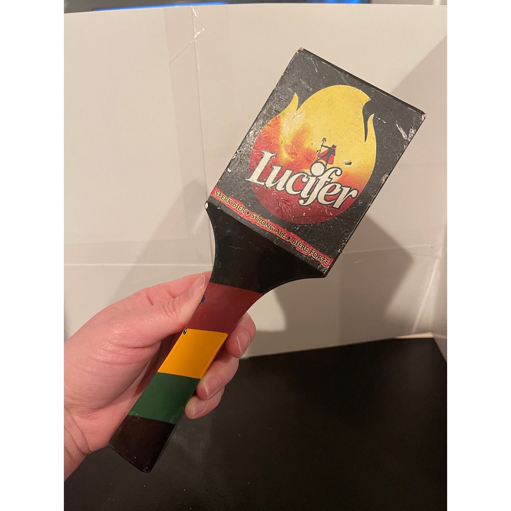 Lucifer Strong Ale Belgian Beer Tap Handle Wood Black Red Yellow Green Logo
